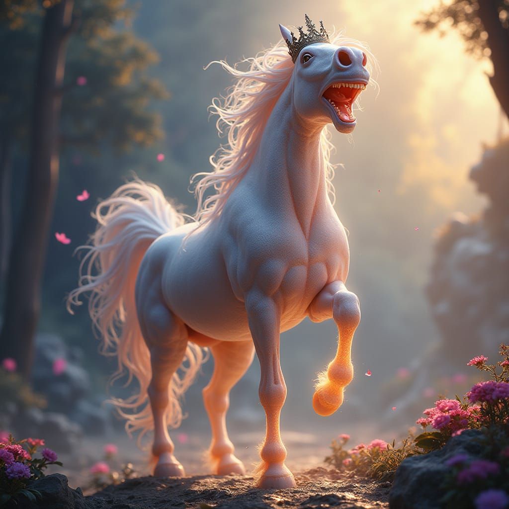 Regal Horse Laughing with Crown in Fantasy Art