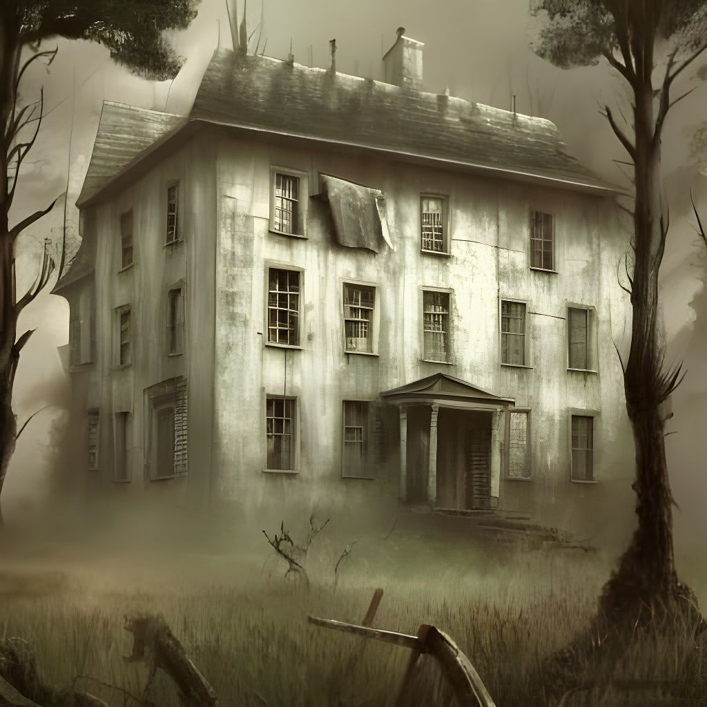 Haunted Farmhouse in Moonlit Forest, Charcoal Drawing