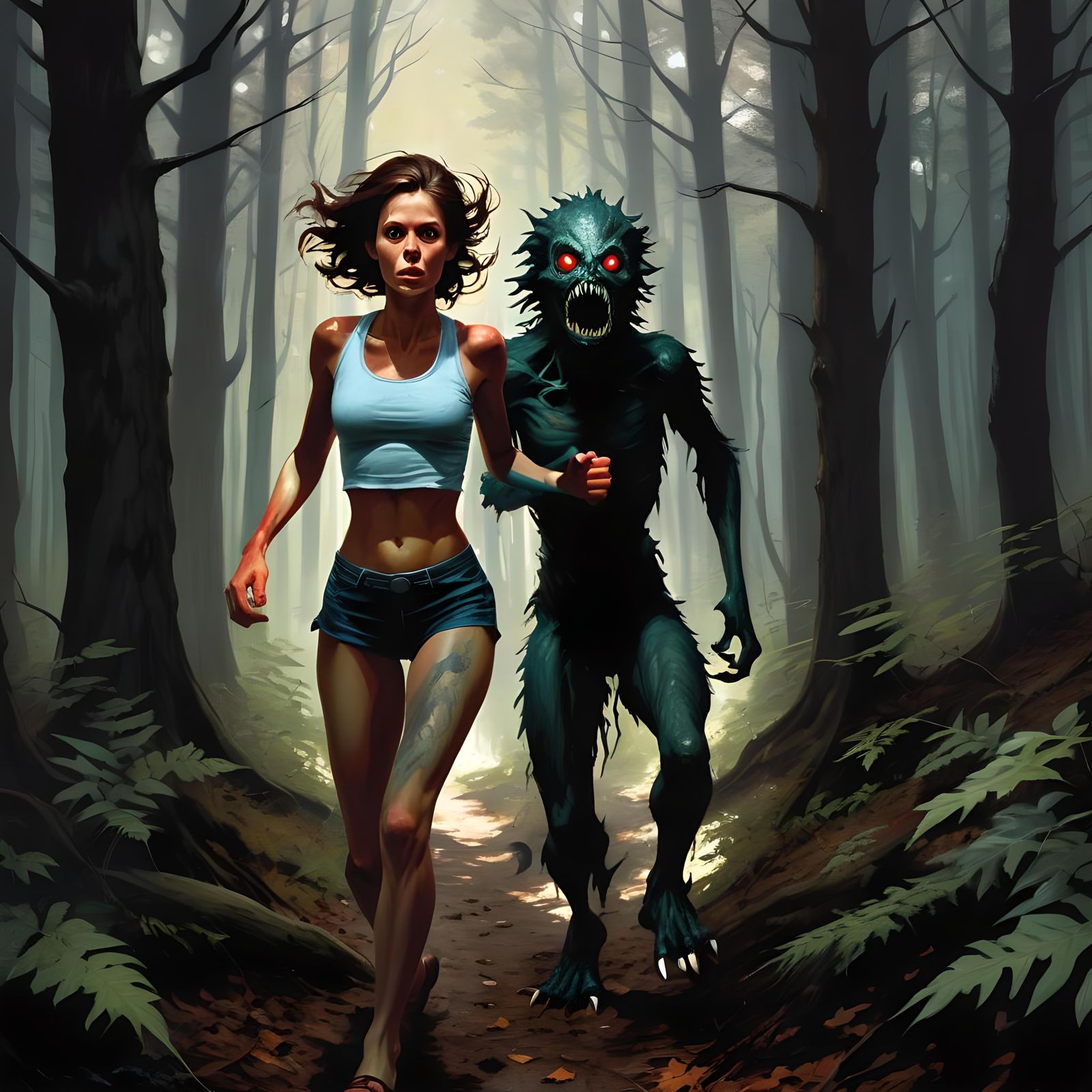 Woman Runs from Monsters in Dark Forest