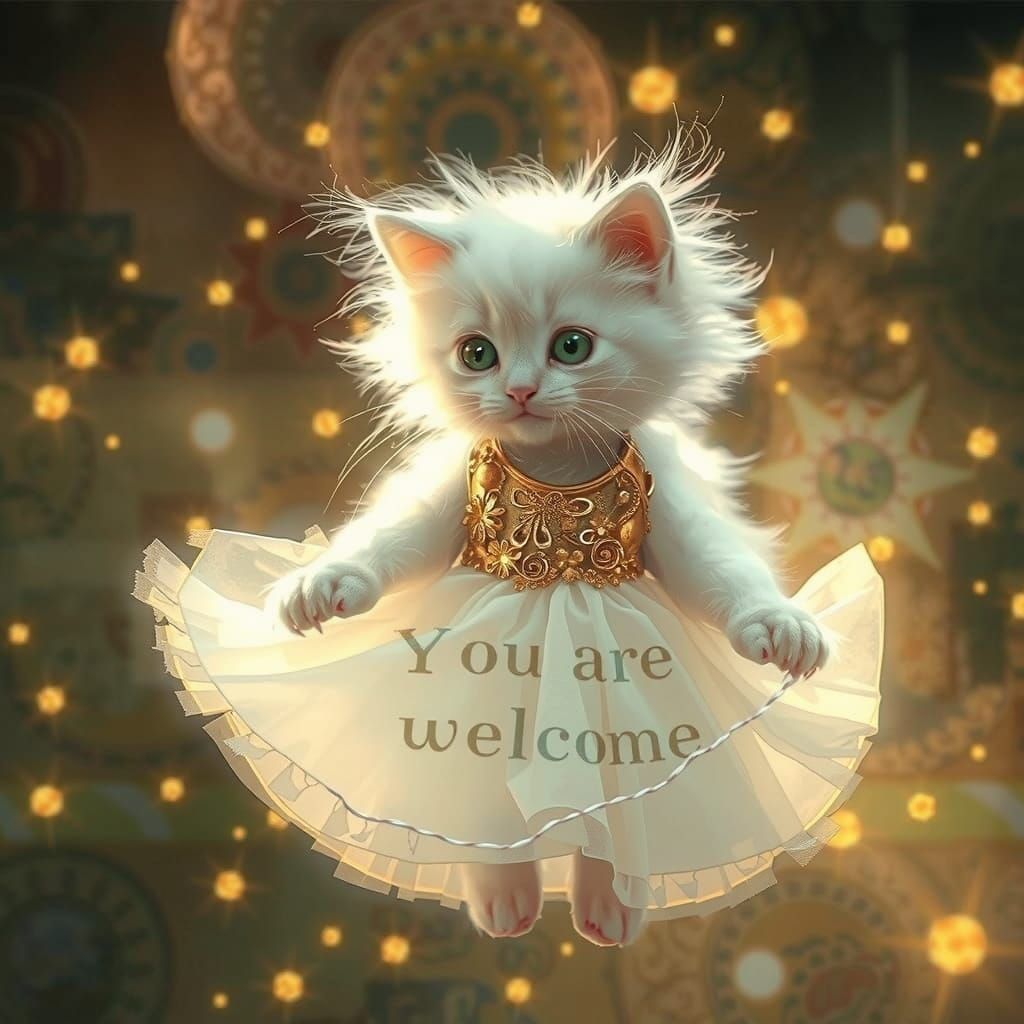 Sweet Kitten Holds Open Envelope with Golden Flowers