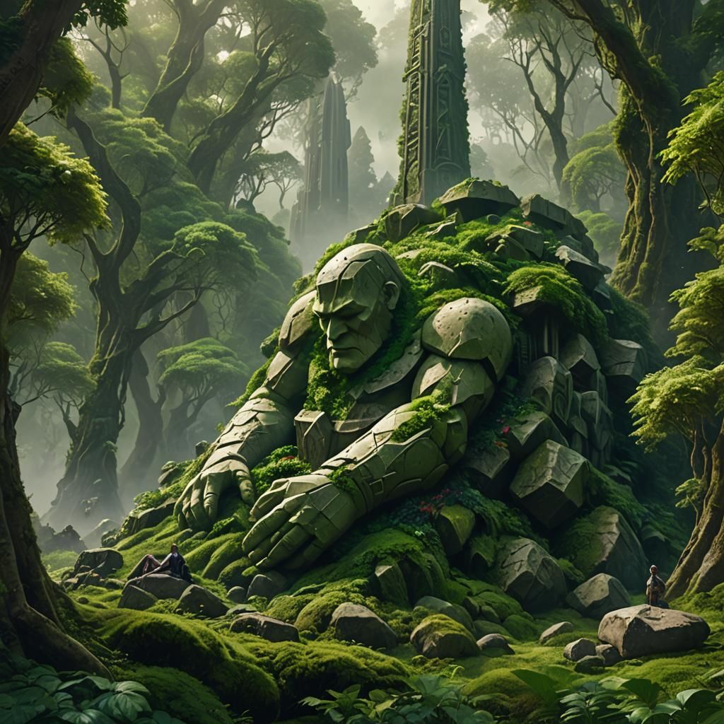 rock in human shape golem sleeping in a green forest overgro...