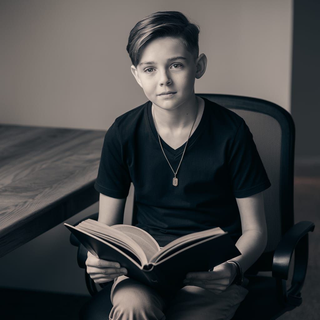 Teenage Boy Reads Book in Cozy Studio Portrait