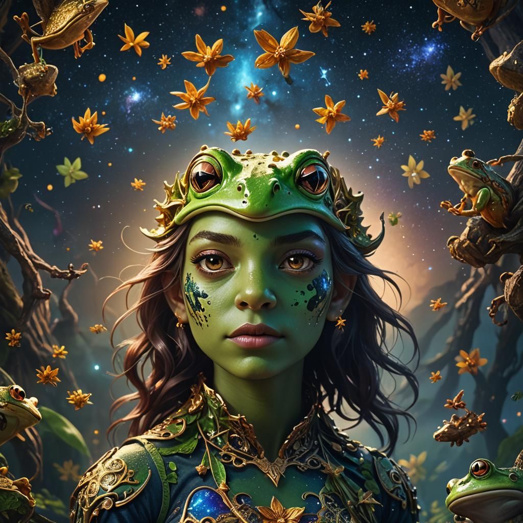 Frog Girl Hybrid in Starry Swamp, Fantasy Art