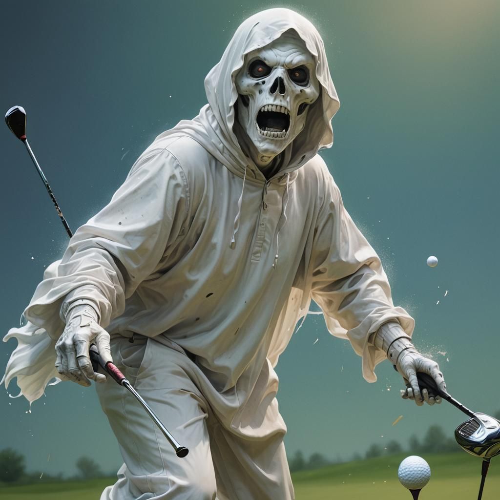 Ghostly Golfer's Dawn Game: Hyperrealistic Splash Art