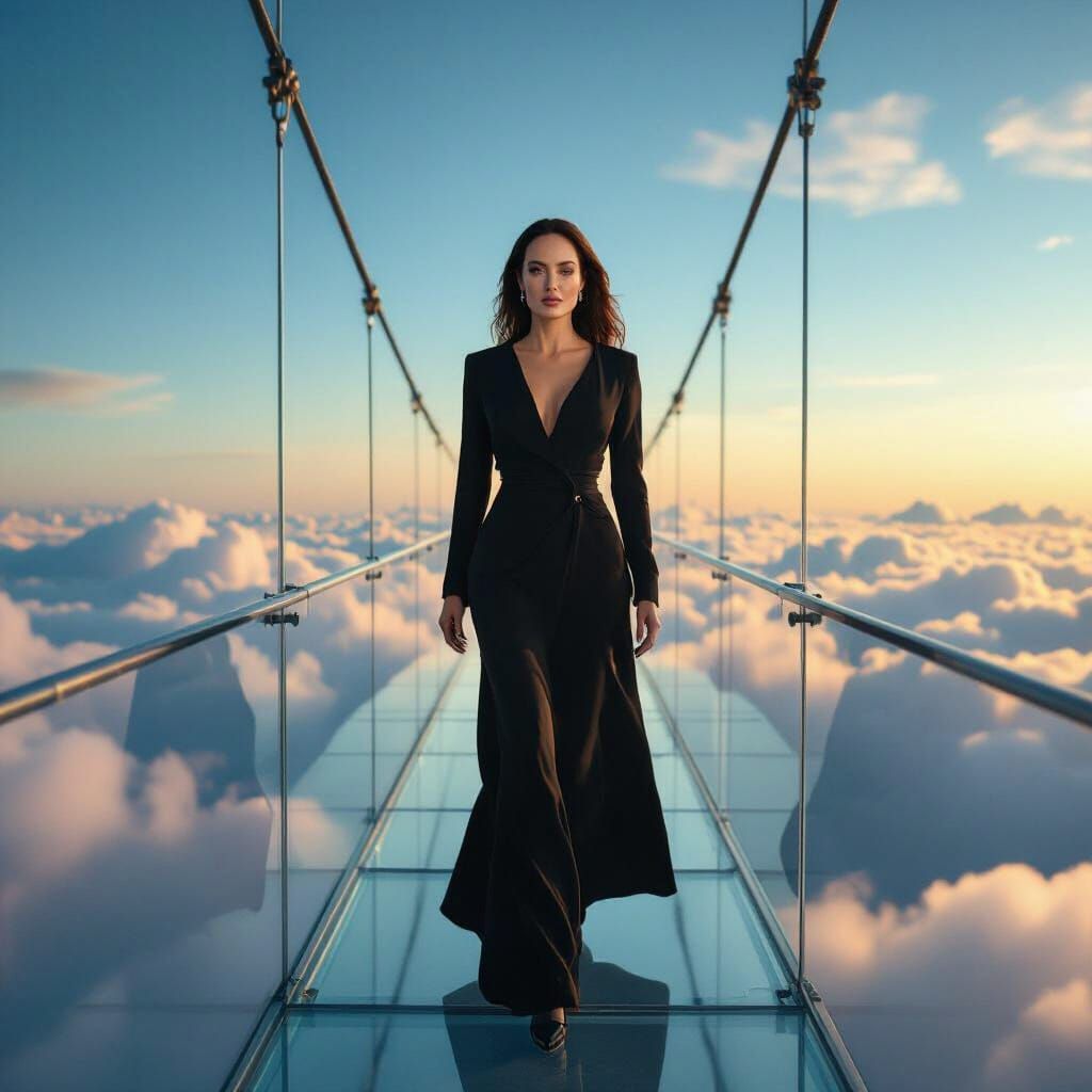Angelina Jolie on Glass Bridge Among Clouds in Photorealisti...