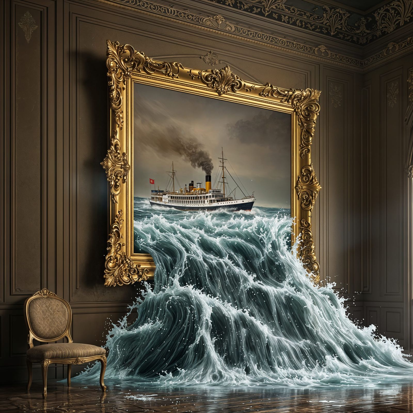 Golden Frame Reveals Steamboat's Turbulent Voyage in Opulent...