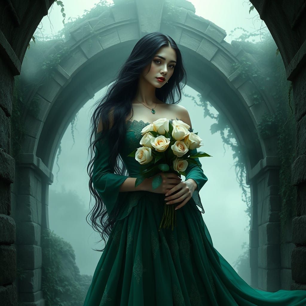 Ethereal Gothic Goddess in Emerald Gown and White Roses