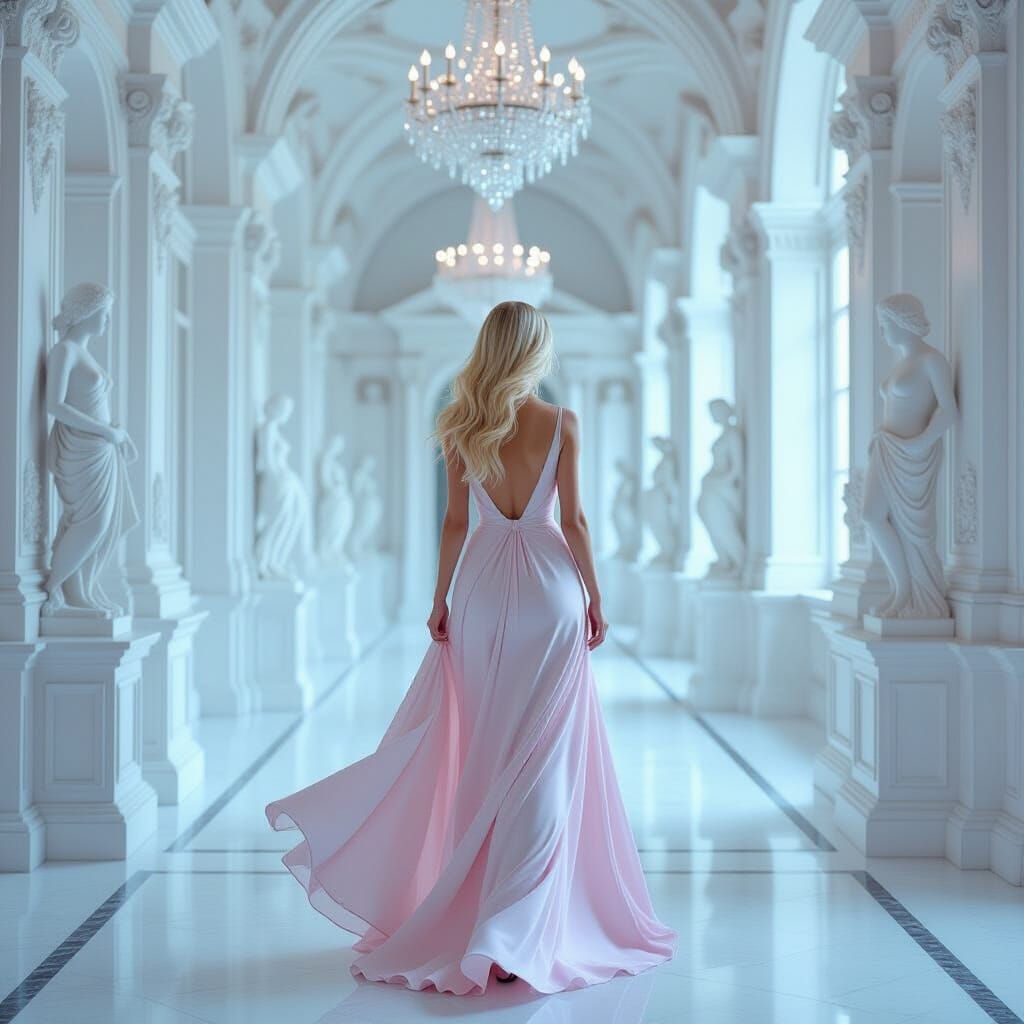 Ethereal Woman Walks Through Baroque Hallway