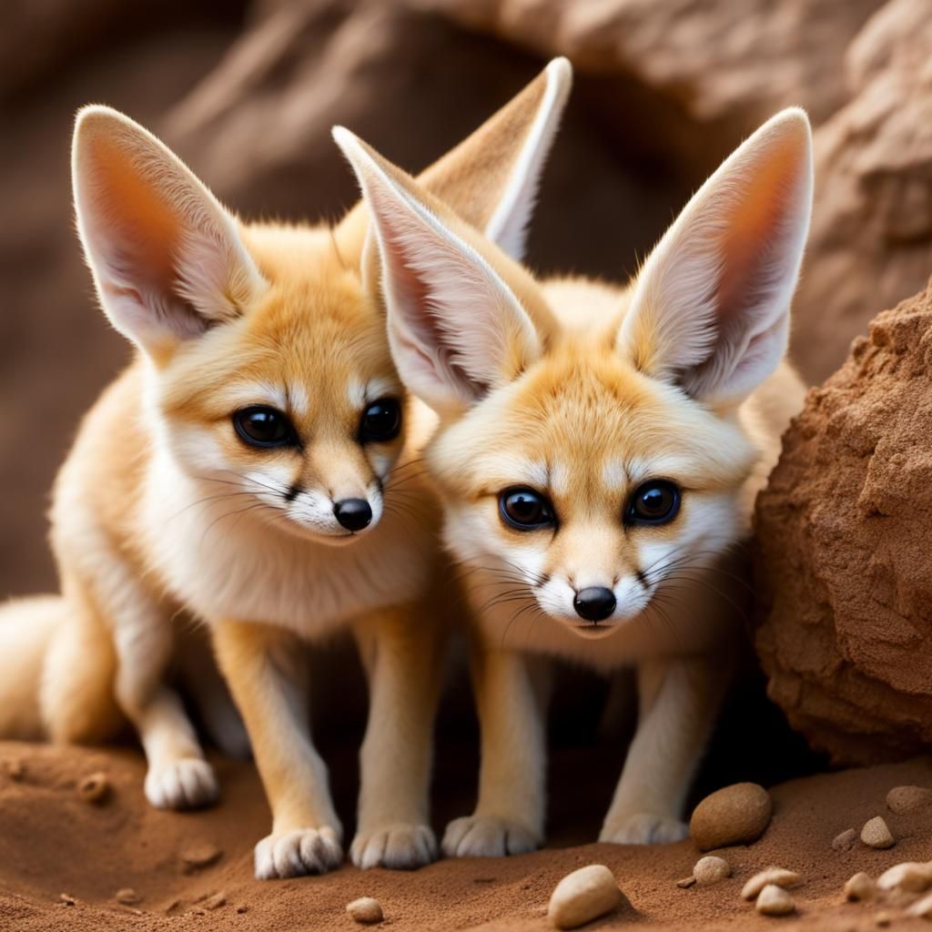 Playful Fennec Foxes near Burrow