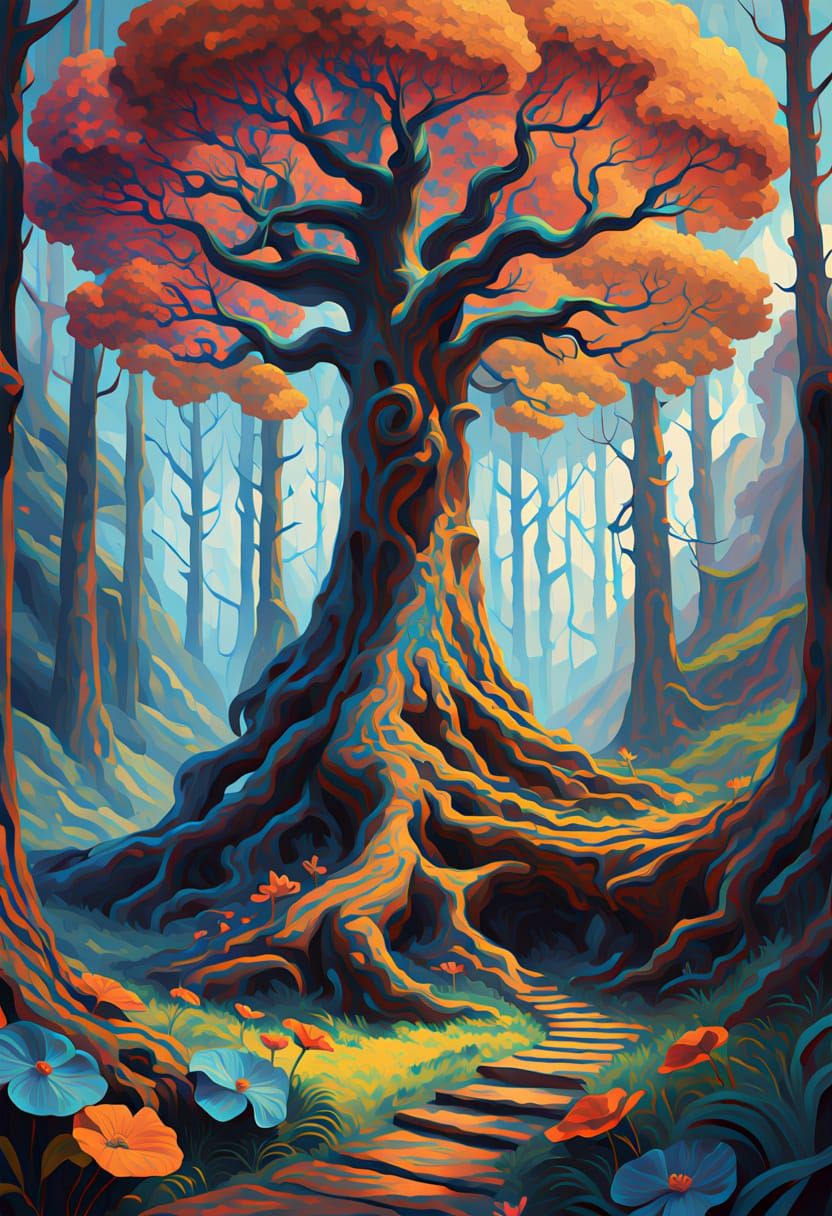 Surreal Forest Scene in Vibrant Oil Painting Style