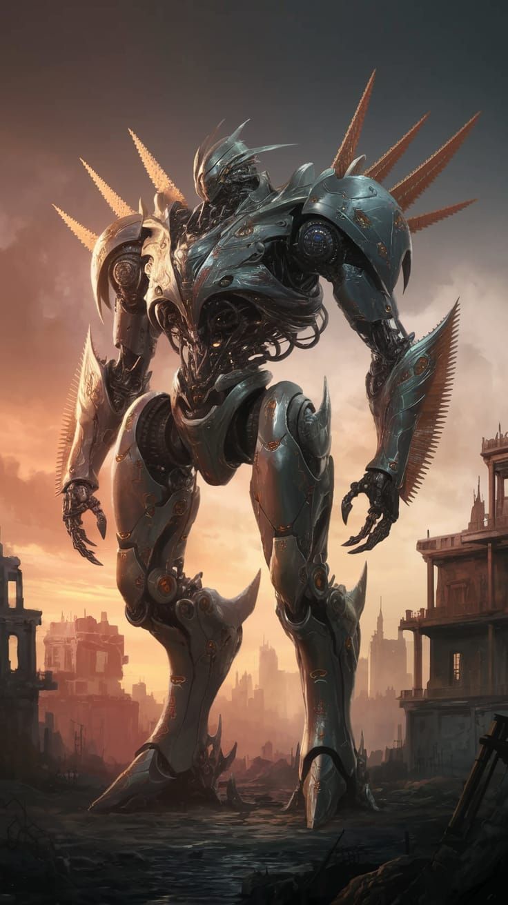 Cyberpunk Robot Towers Over Sawfish-Inspired City Ruins