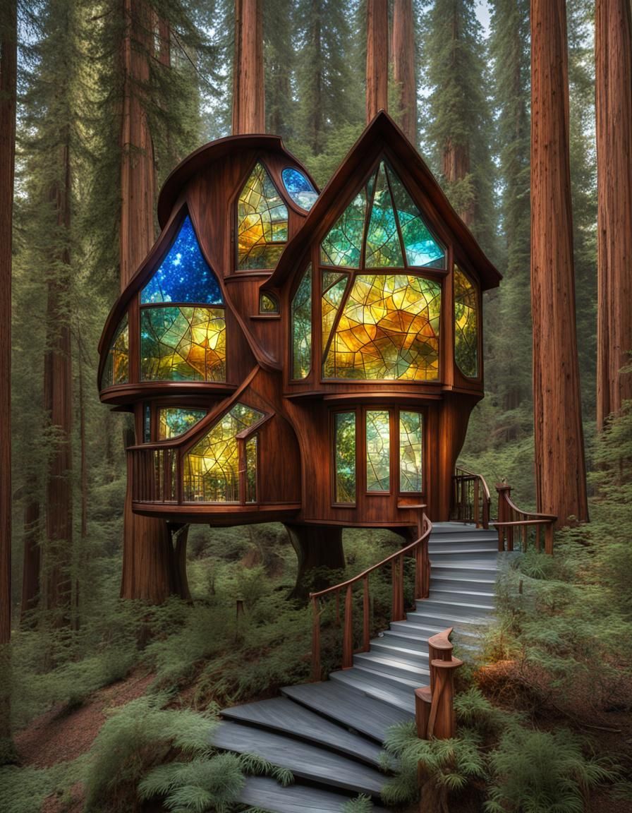 Steampunk Treehouse in Stained Glass Style