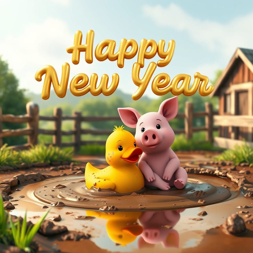 Whimsical Farm Friends Celebrate Happy New Year in a Muddy P...