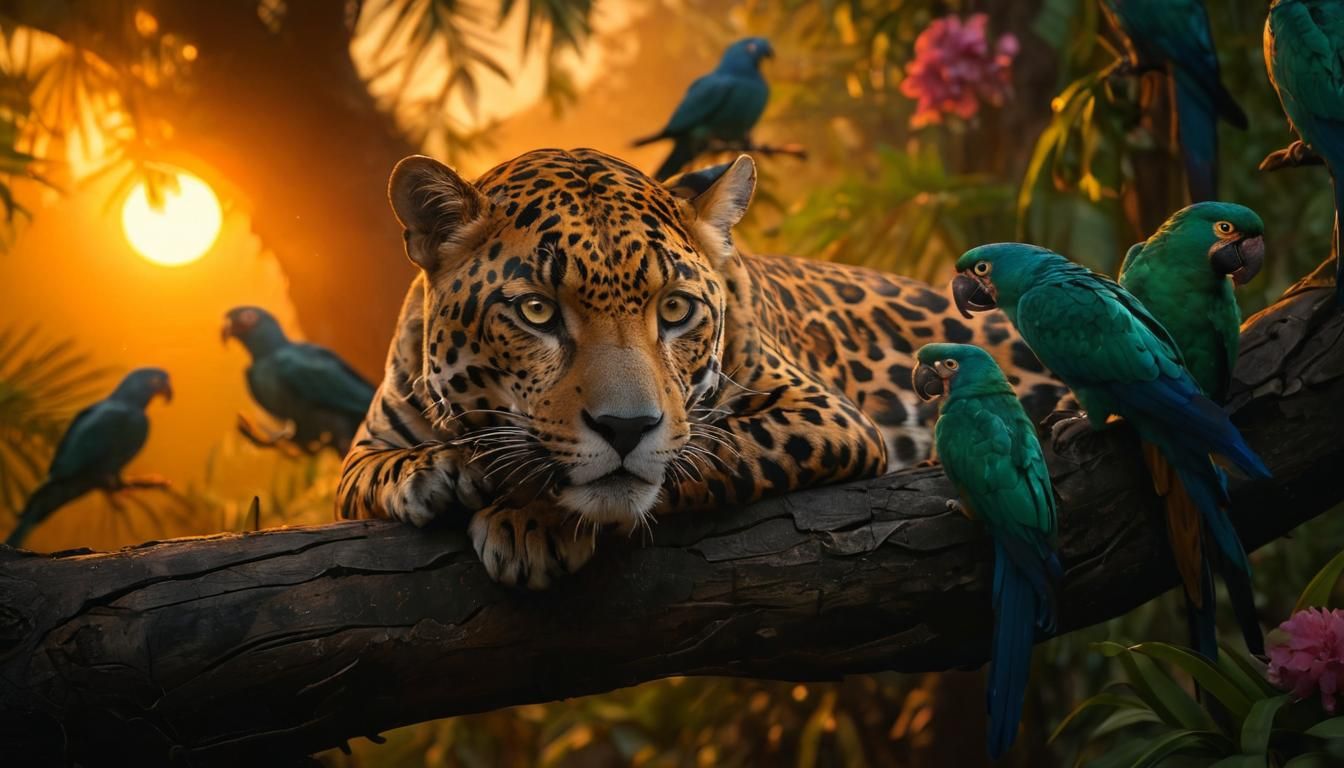 In the amazon jungle. Jaguar on a tree