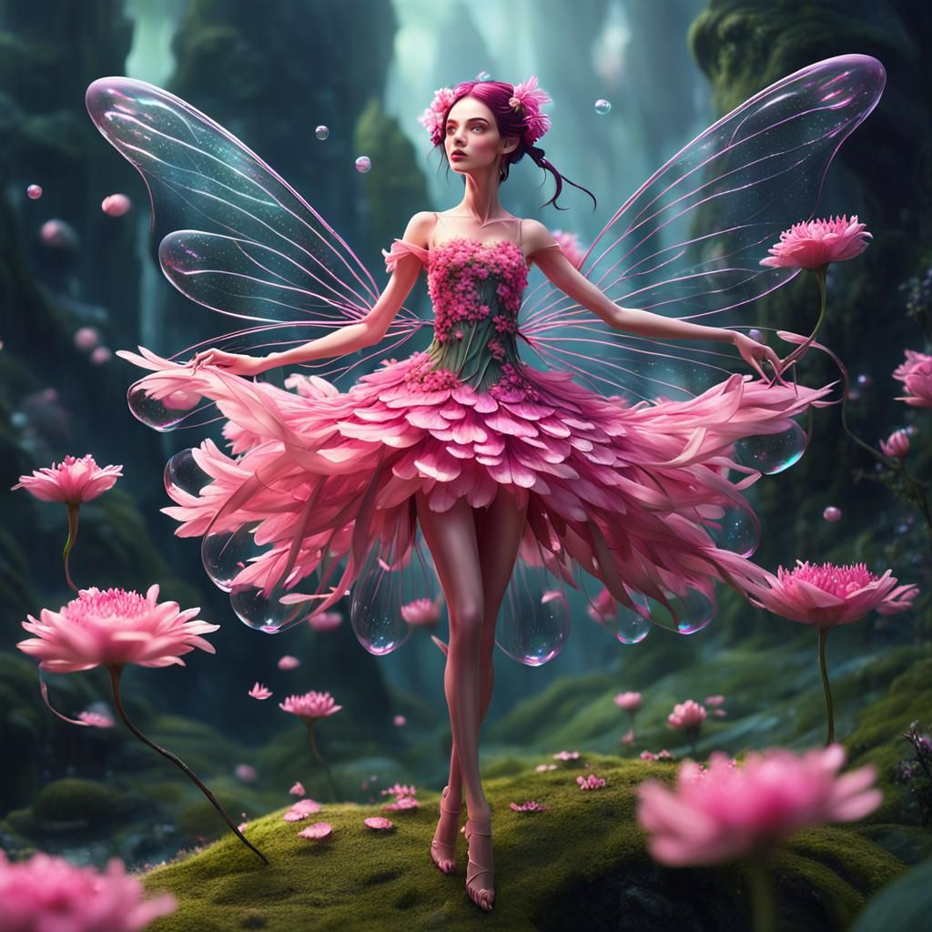 Beautiful Fairy Girl in Pink Flower Dress