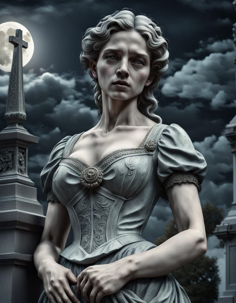 Half_body portrait of the stone statue of a young and beautiful Victorian woman. Inside a cemetery, dark night, dark cl...
