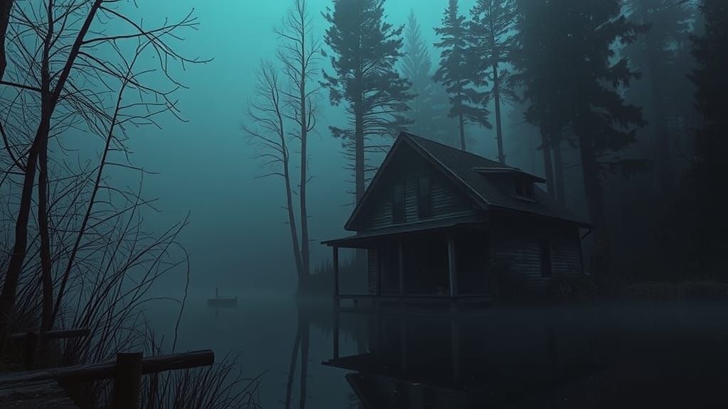 Sinister Lakehouse with Giant Muskie in Fog