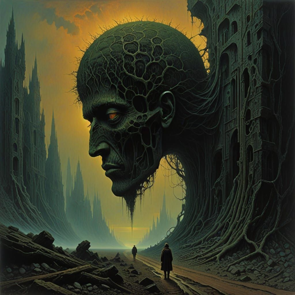 Surrealist Dystopian Cityscape in Dark Blues and Greys