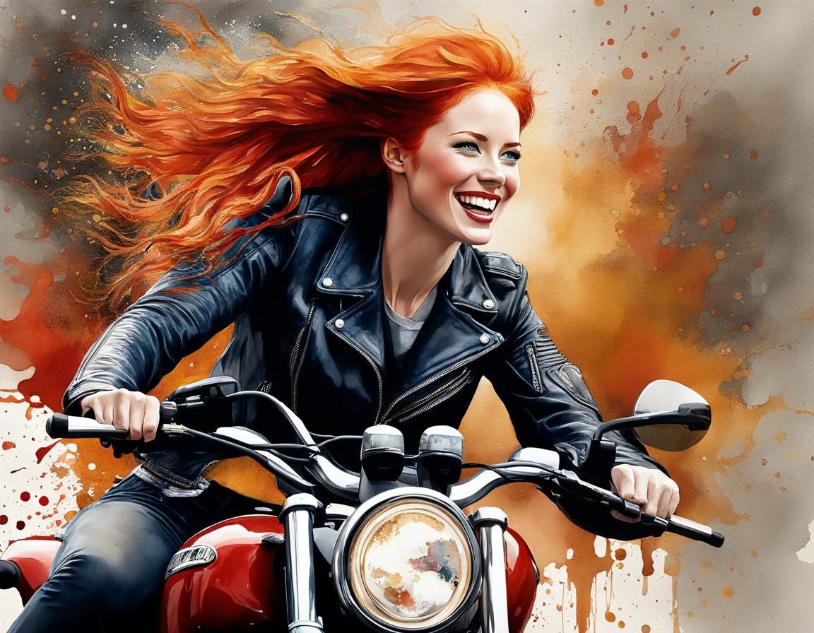 Redhead Girl on Motorcycle in Watercolor Style