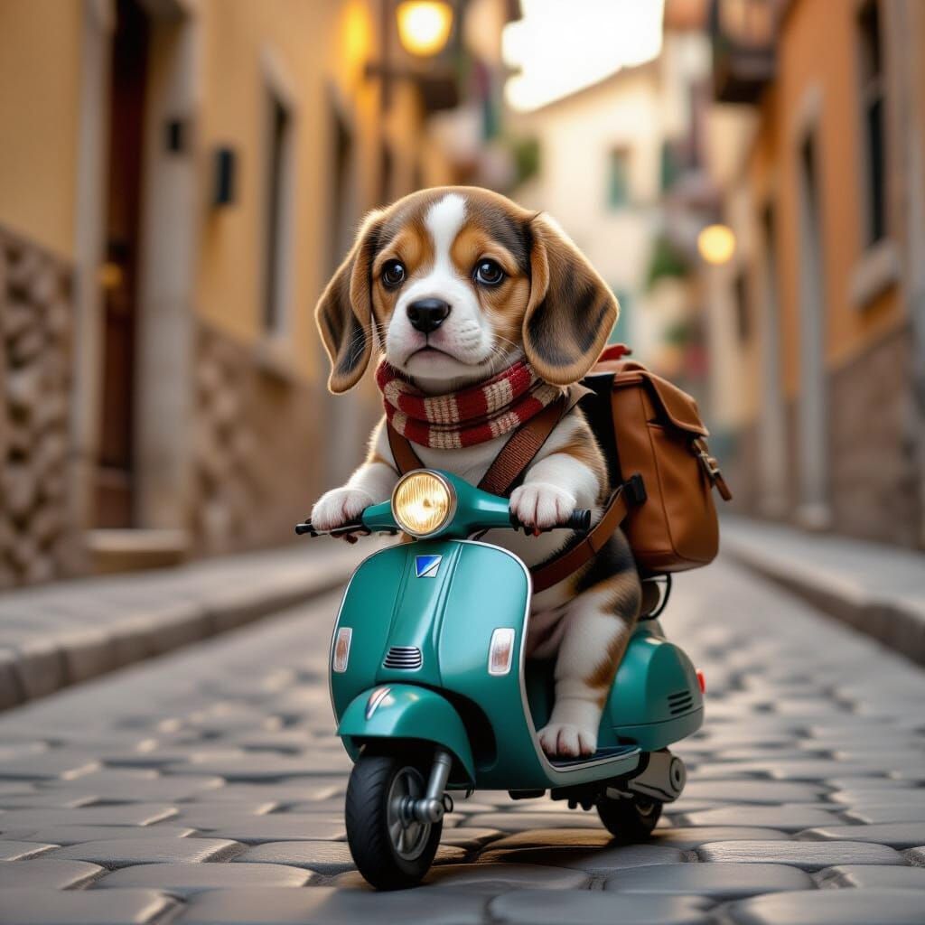 Beagle Puppy Rides Scooter in Cinematic Lighting