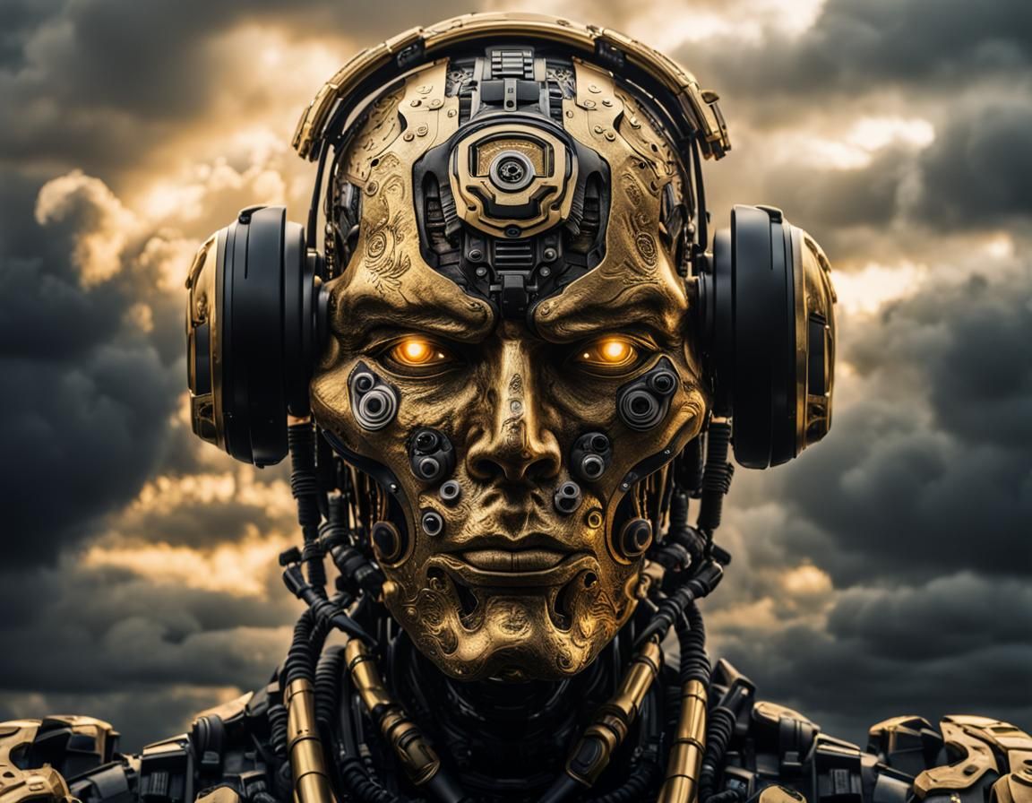 Hyperrealistic Cyborg Head in Gold and Black