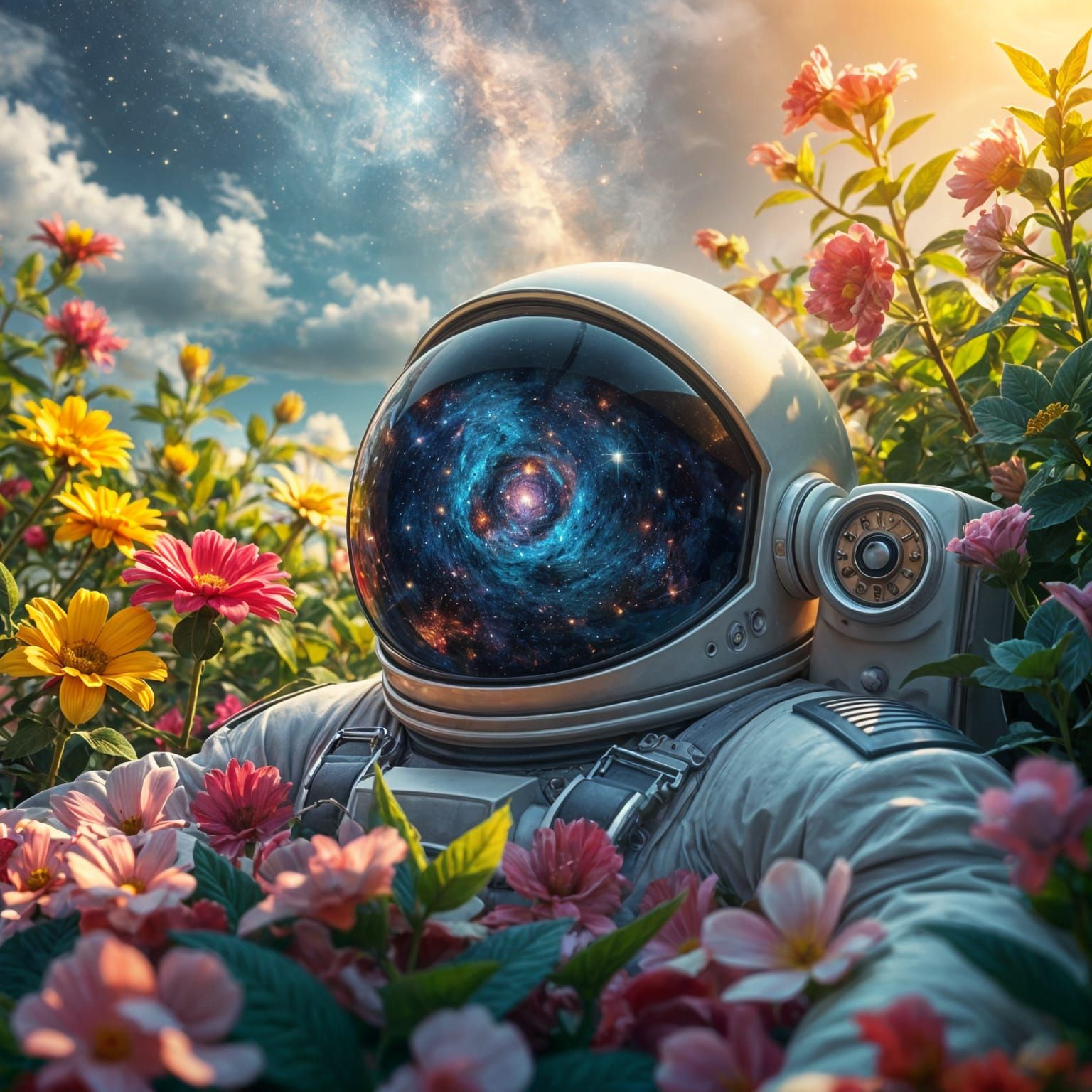 Astronaut in Flower Garden with Reflected Universe
