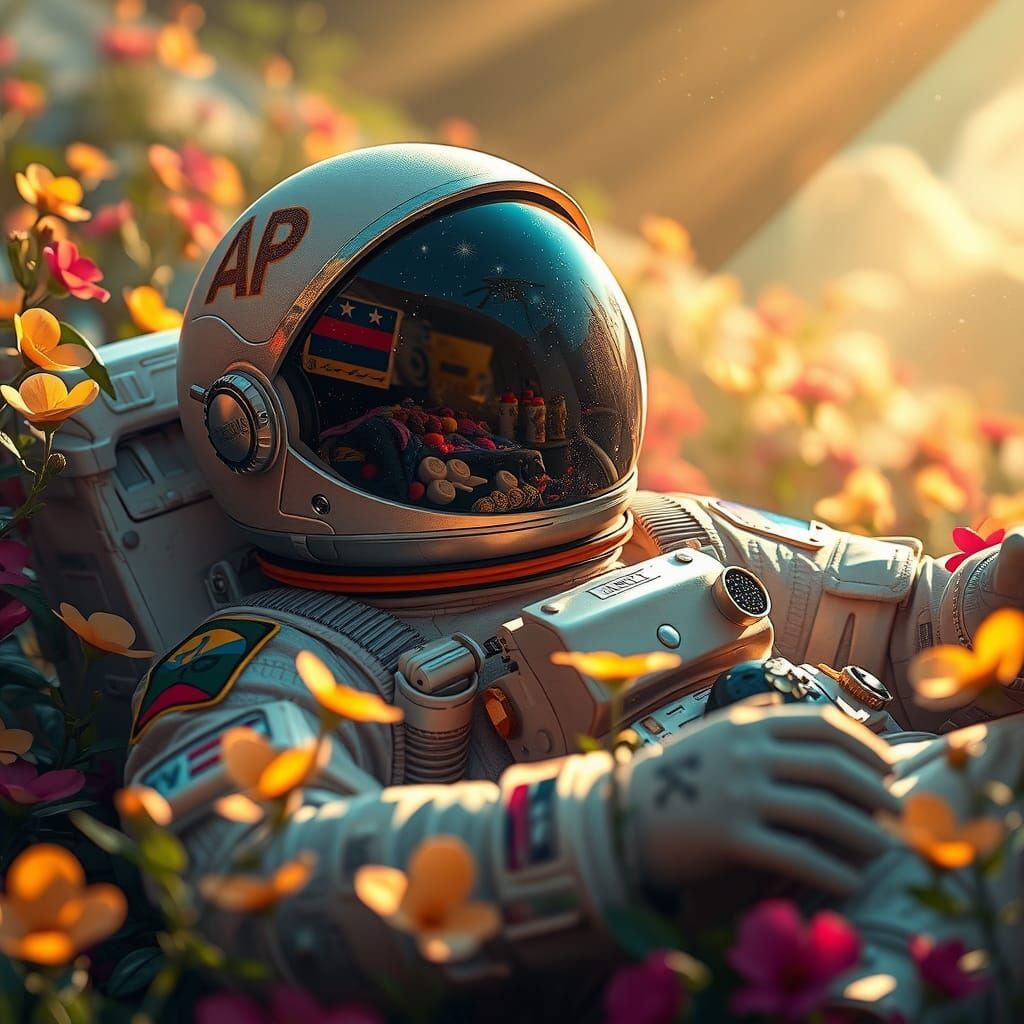 Astronaut in Glowing Flower Garden Reflecting Galaxy
