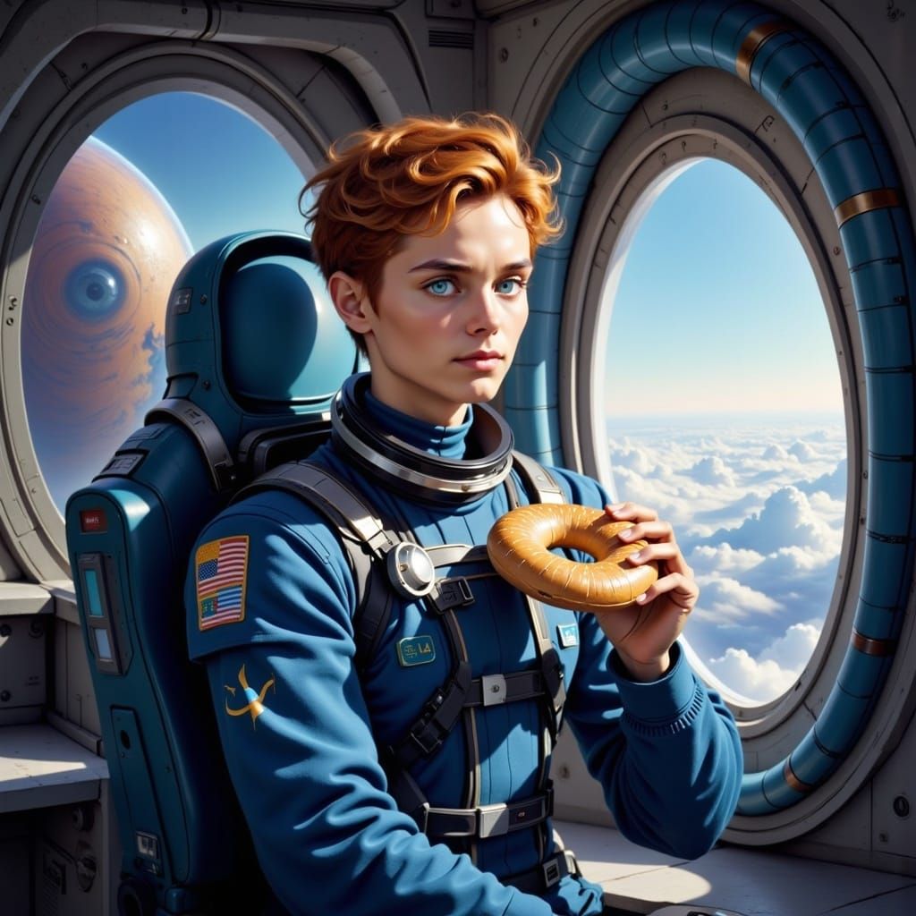 Astronaut in Blue Uniform Eats Bagel on Space Station in a C...