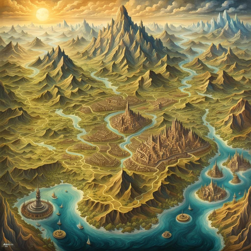 map of fictional sci-fi world on ancient parchment paper, topographical terrain, maximalist fantasy concept | 16k resolu...