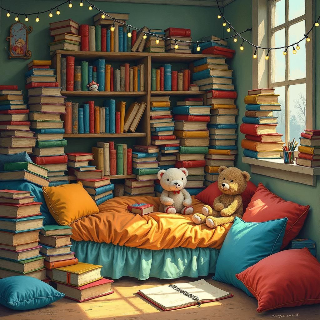 Cozy Children's Books Collage in Folk Art Style