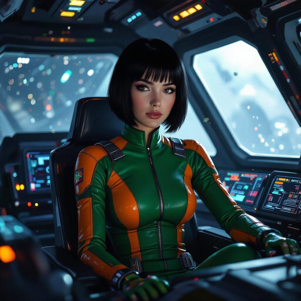 Woman in Spaceship Cockpit with Futuristic Jumpsuit