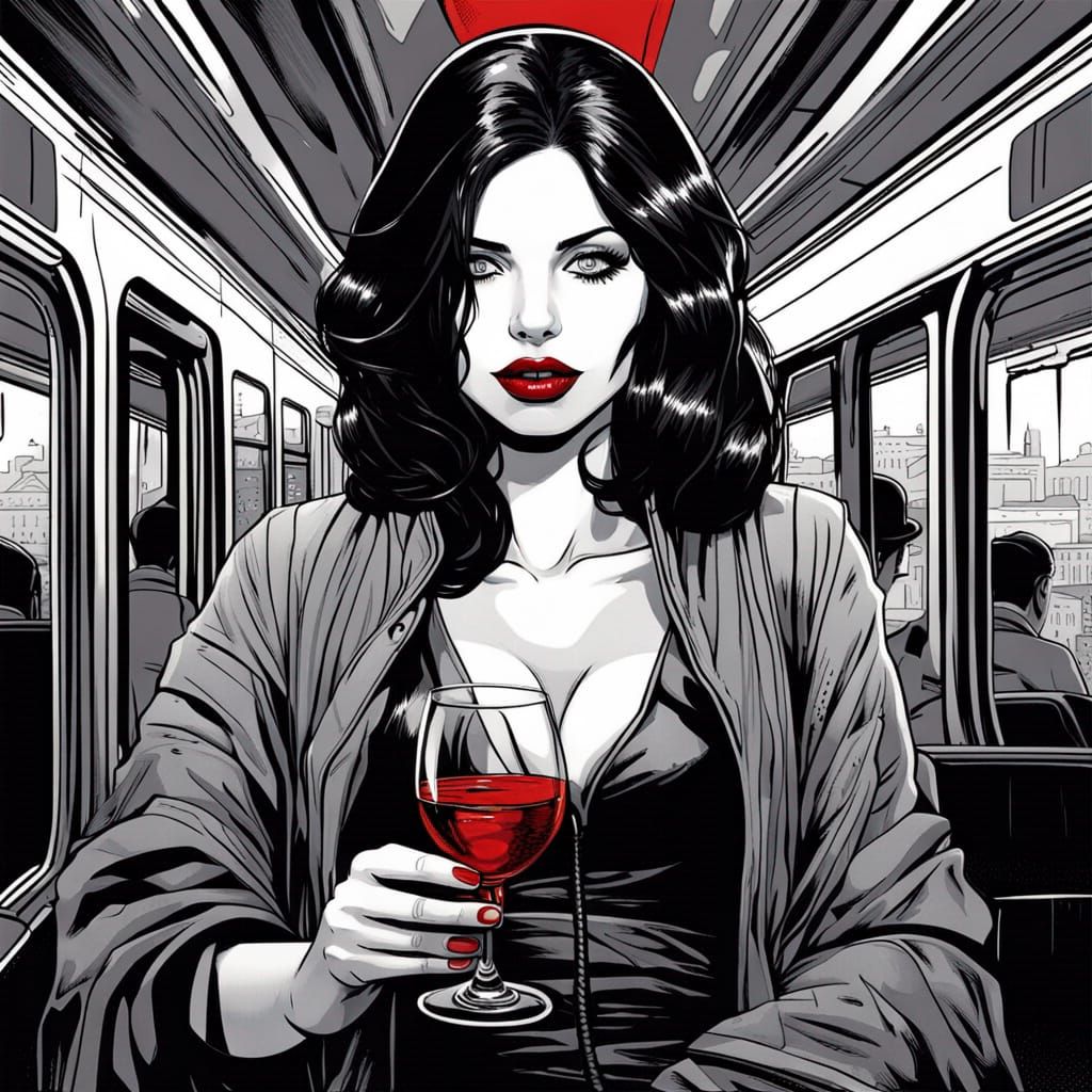 Black and White Noir Comic of Woman with Wine