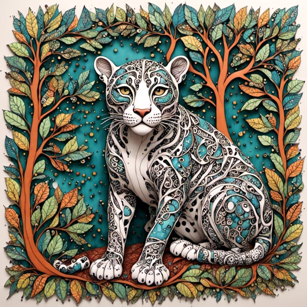 Jaguar in Zentangle Style Under a Tree