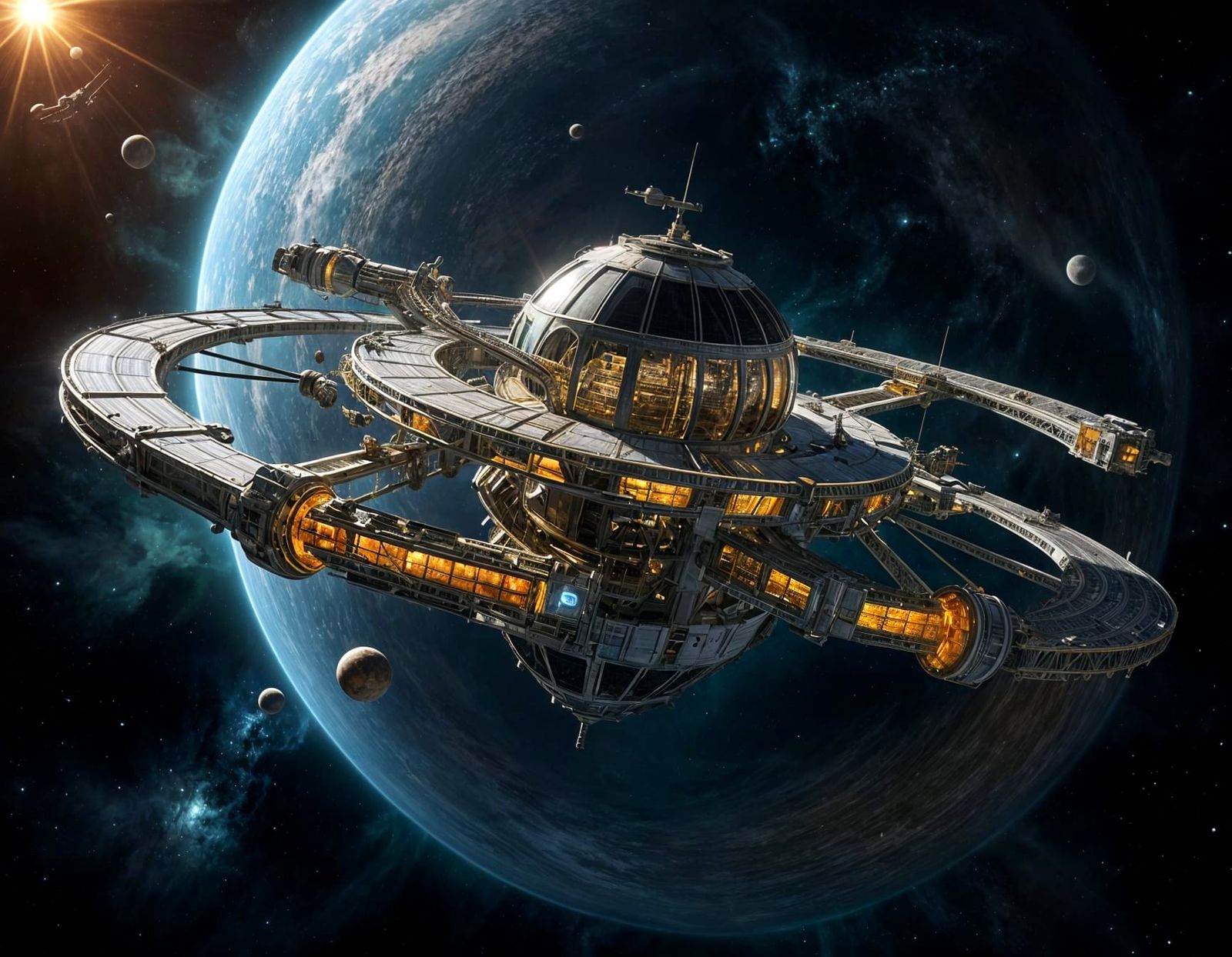 Luminous Space Station Amidst a Gas Giant's Banded Hues