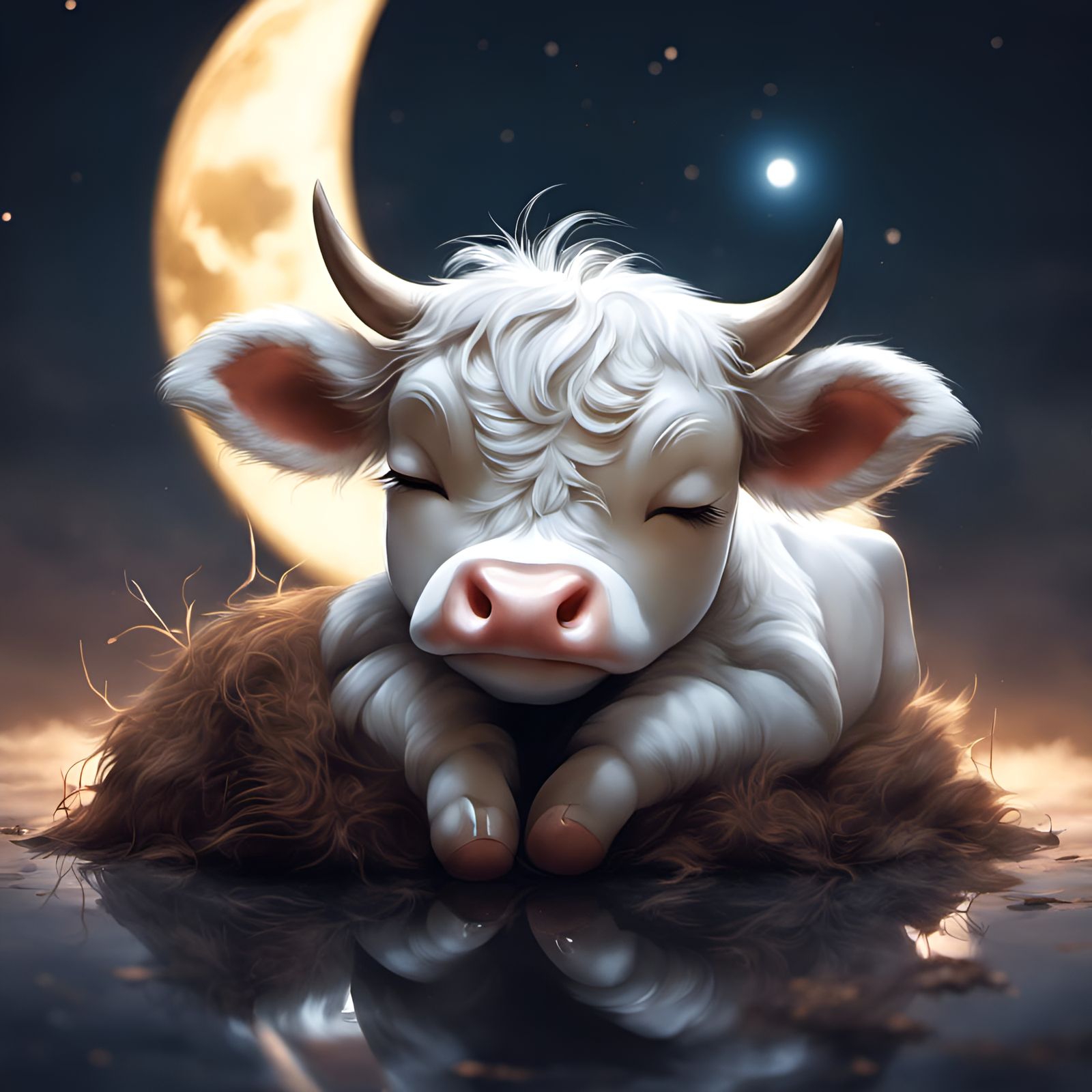 Anthropomorphic Cow Asleep on the Moon in 3D