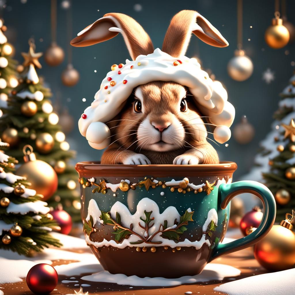 Rabbit in Christmas Mug with Whipped Cream