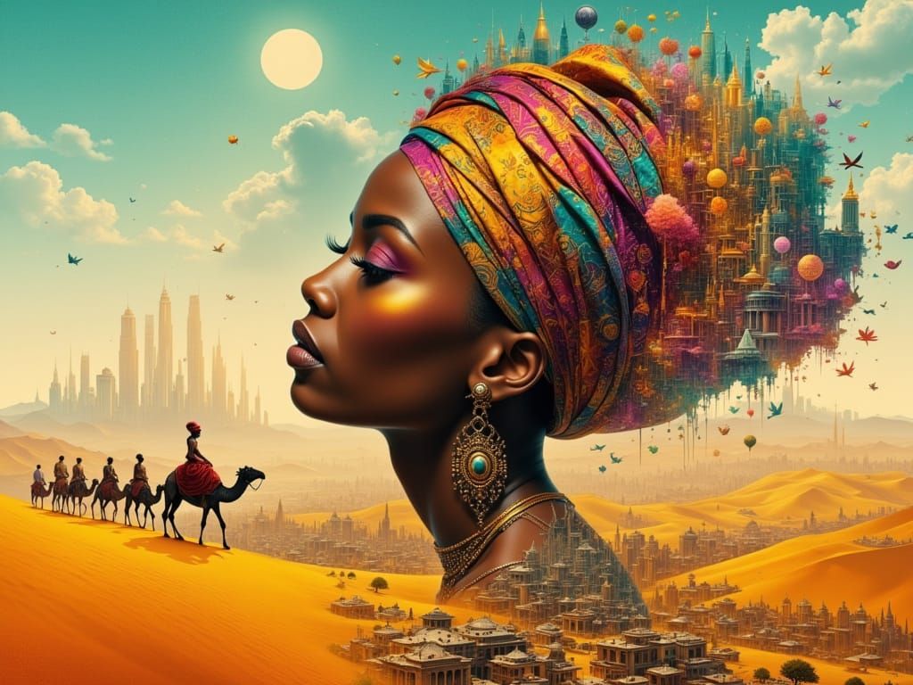 Black Woman Double Exposure Cityscape Desert Portrait