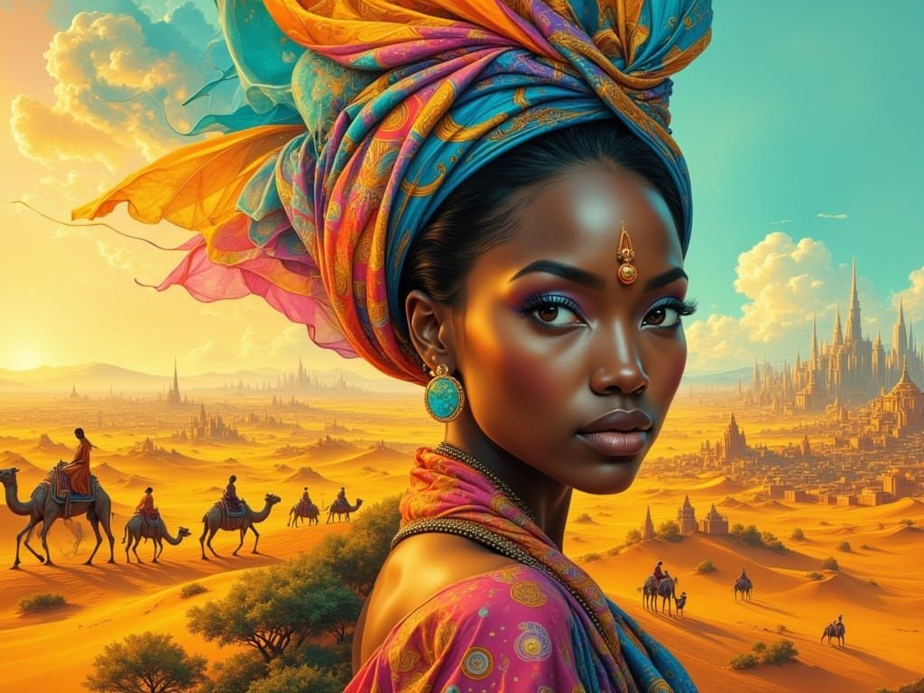 Black Woman Portrait in Textile Art Style