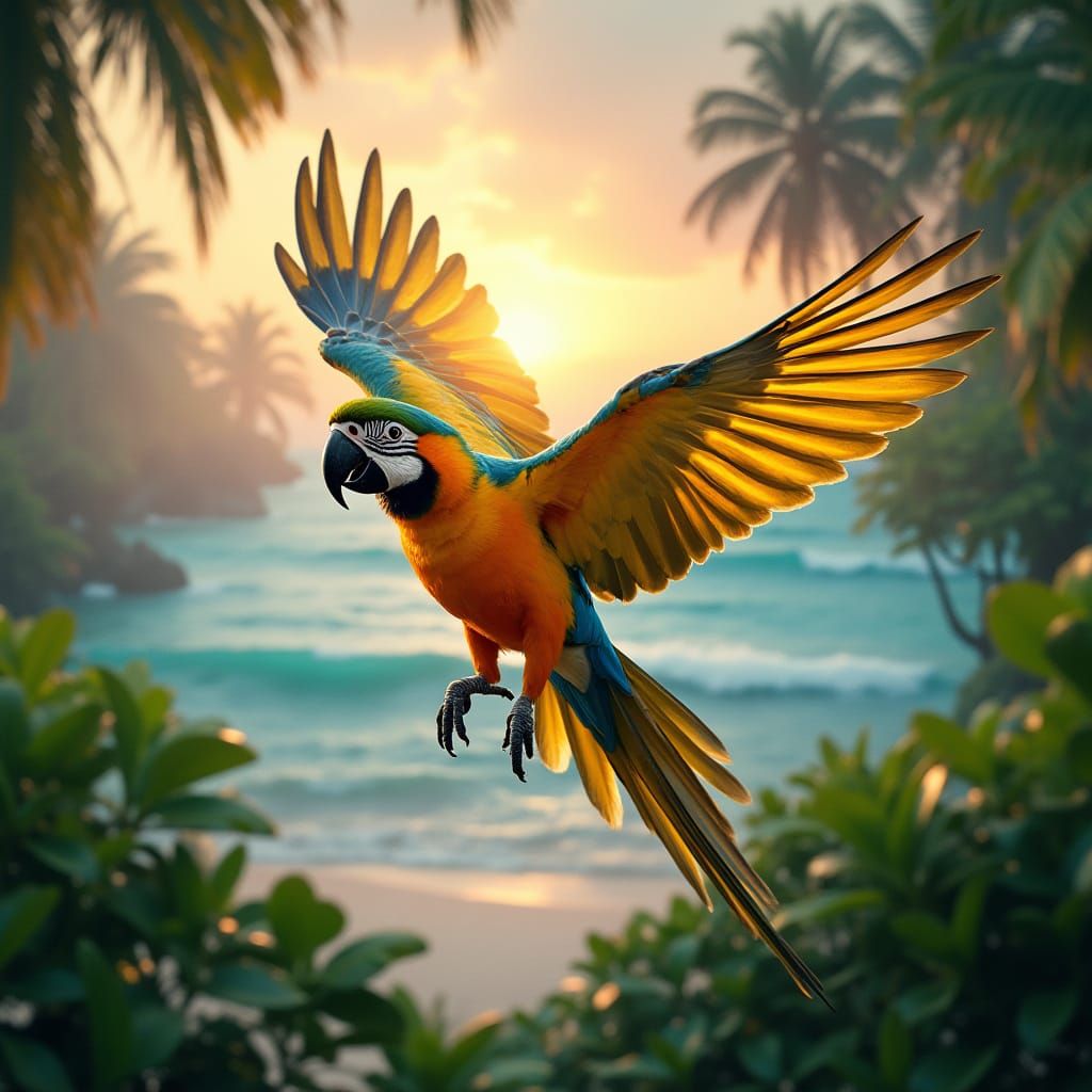 Tropical Parrot in Flight with Double Exposure Sunset