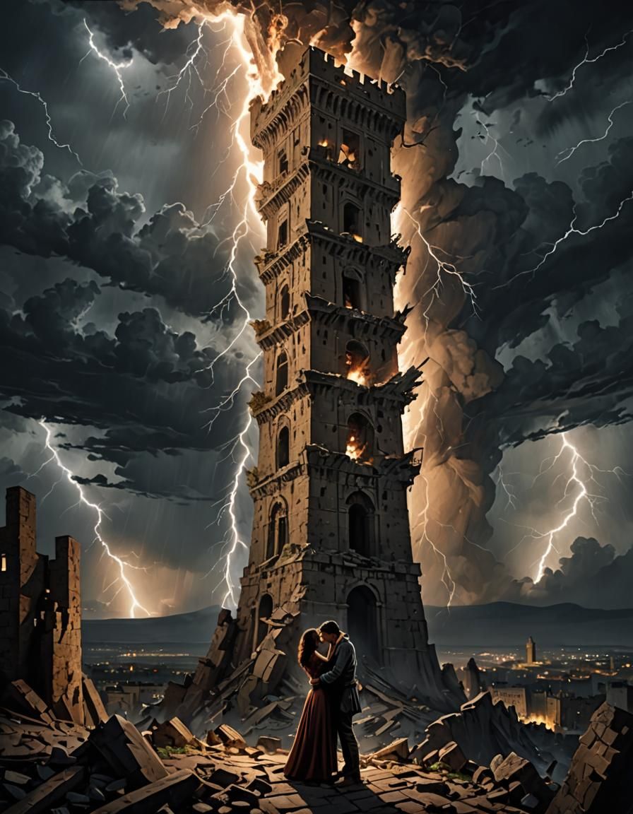 Dramatic Tower Collapse with Embracing Couple