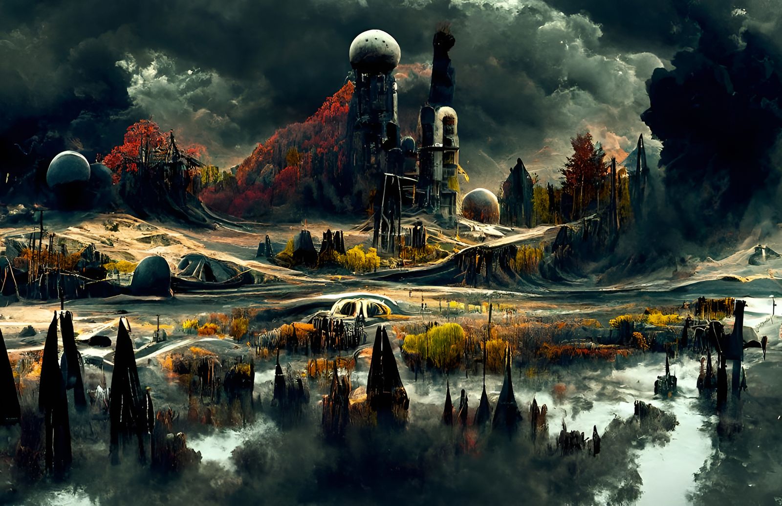 Surreal Nuclear Fantasy Landscape in Retro Style