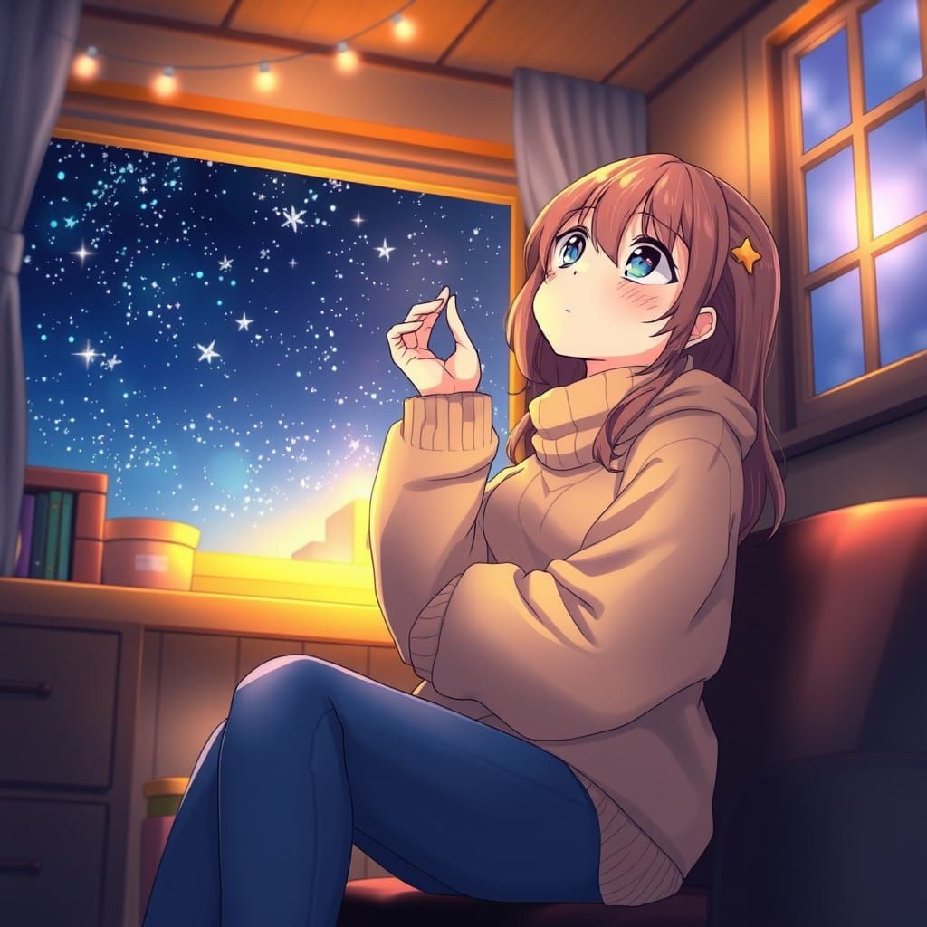 Whimsical Anime Girl Stares Up at Starry Night Sky in Cozy H...