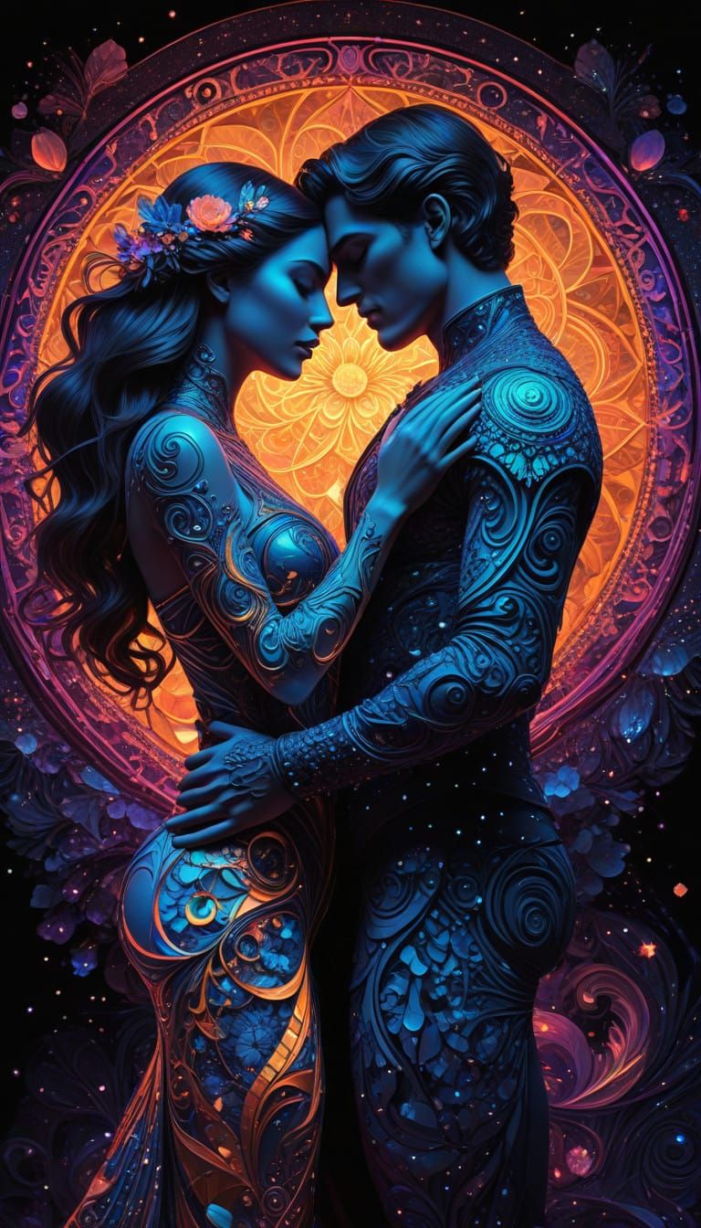 Ethereal Cosmic Embrace in Vibrant Abstract Mosaic