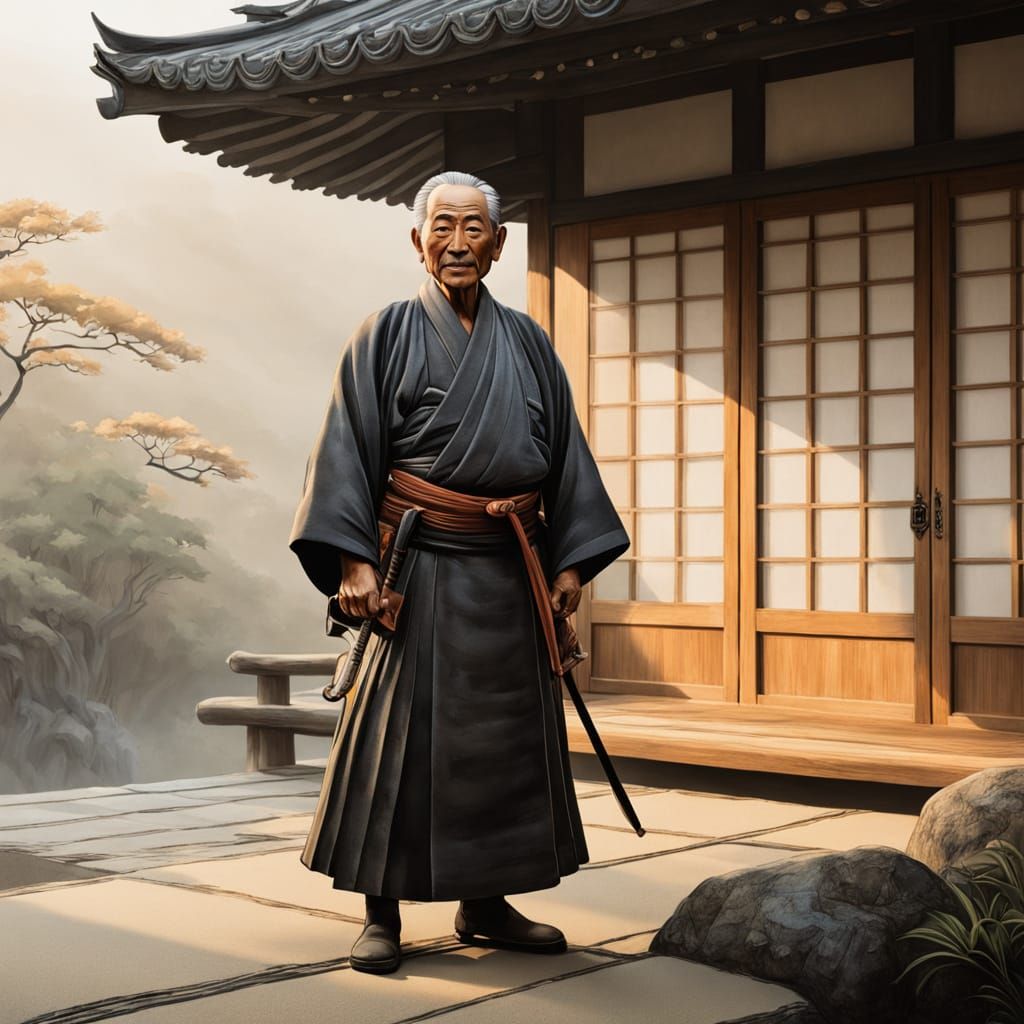 Elderly Samurai in Misty Temple - Traditional Japanese Ink P...