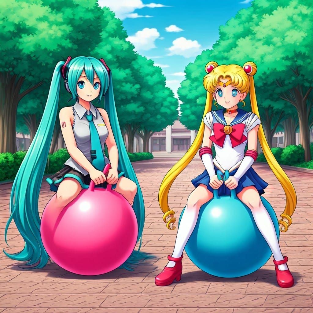 Hatsune Miku and Sailor Moon Bouncing on Hopper Balls