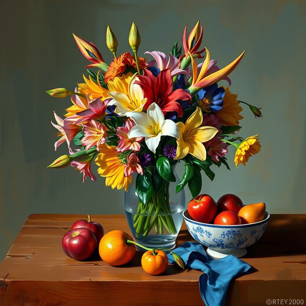 Cezanne-Inspired Still Life with Flowers and Fruit