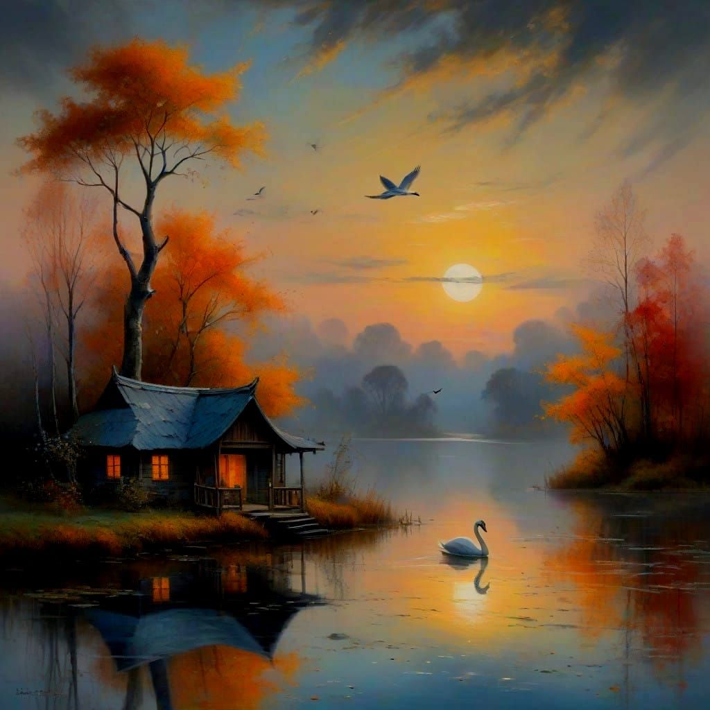 abstract old rustic Thai cabin in the birk woodland and a lake in the fall at night with gigantic moon. Background colou...