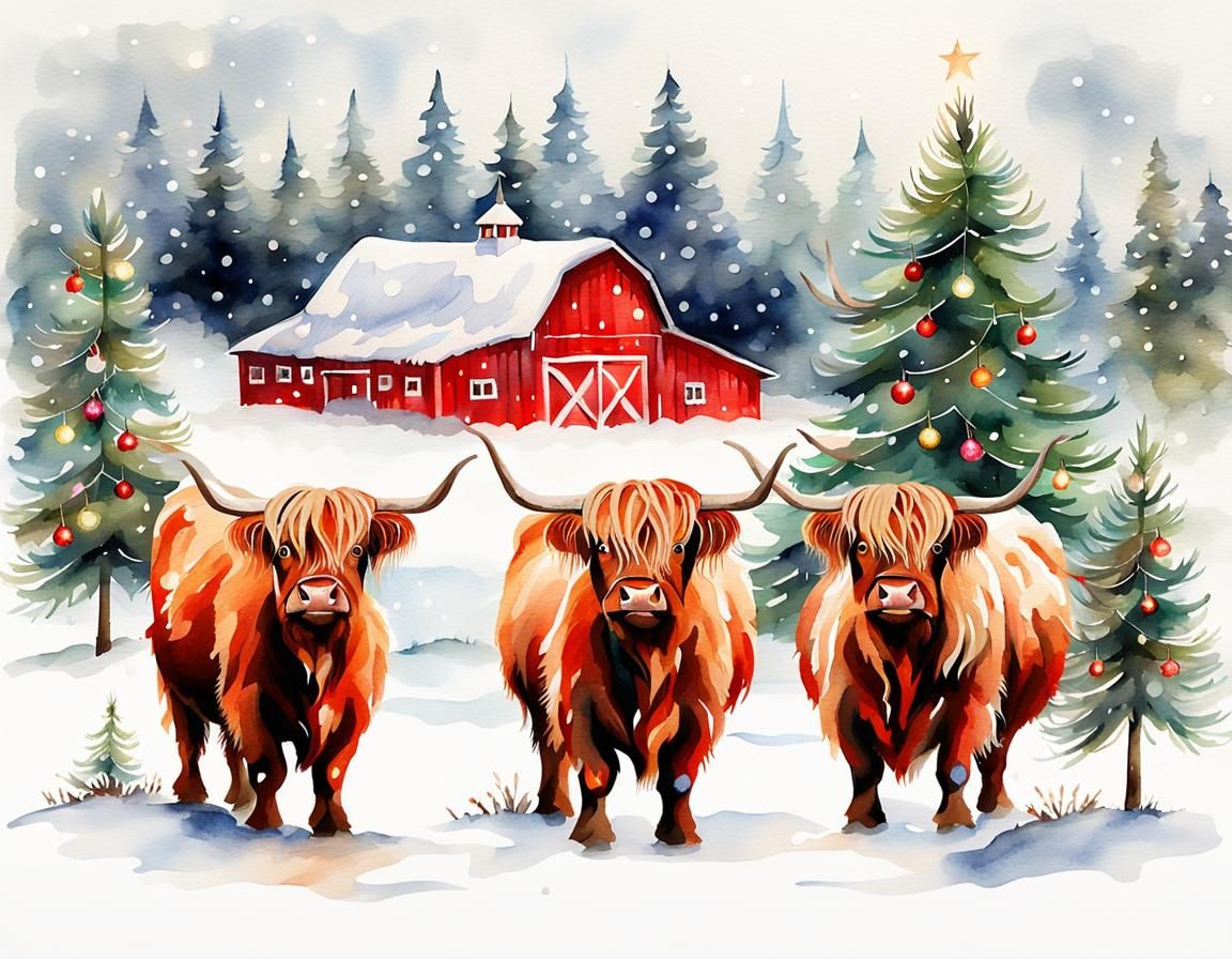 Festive Watercolor Highland Cows at Christmastime