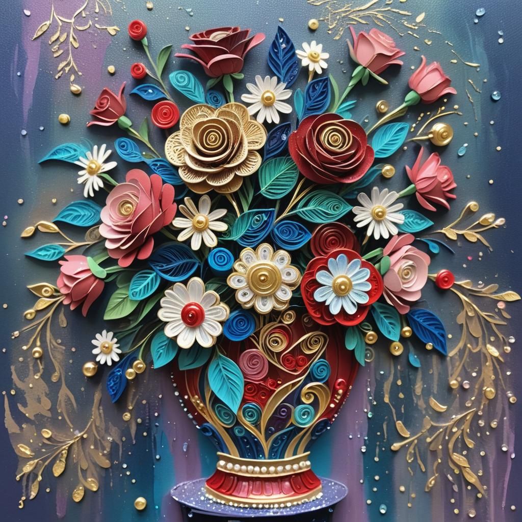 Elegant Quilled Roses and Daisies in Golden Vase