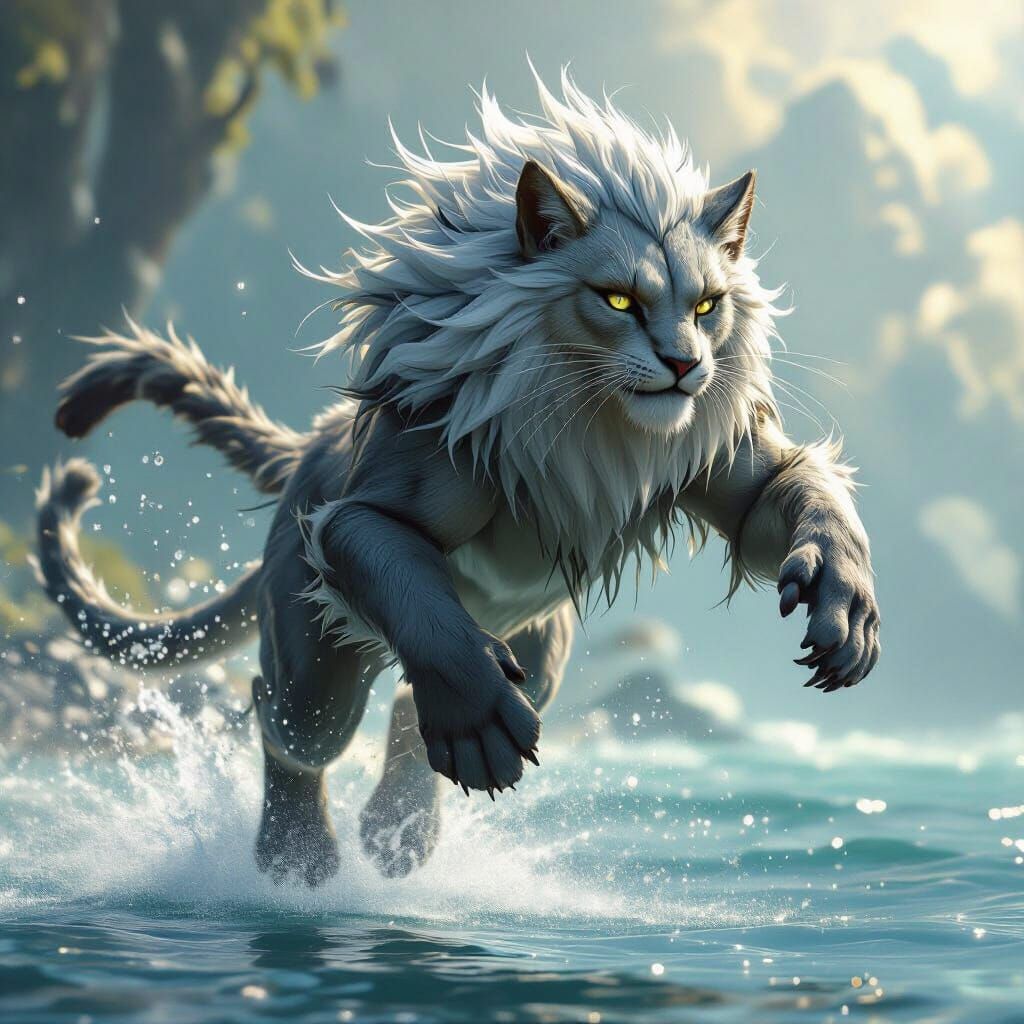 Amphibious Feline Leaping Between Water and Land